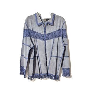 Dressbarn Suede Jacket Blue 16 Long Sleeve Button Up Embroidered‎ Fringed NWT
